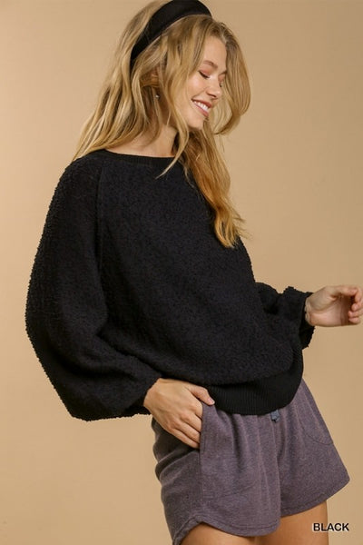 Puff Sleeve Boat Neck Sweater-sale
