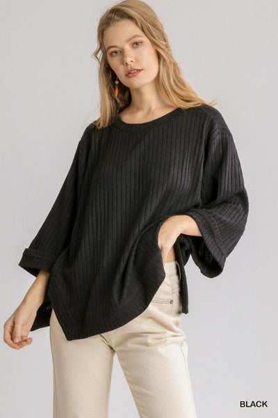 3/4 Folded Sleeve Knit Top