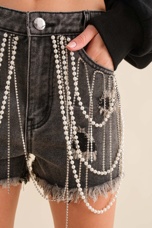 High Waist Rhinestone & Jewel Fringe Shorts