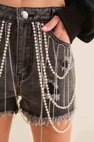 High Waist Rhinestone & Jewel Fringe Shorts