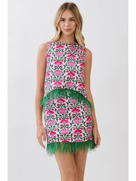 Floral Print Feather Trim Skirt