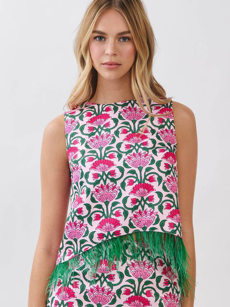 Floral Print Feather Trim Top