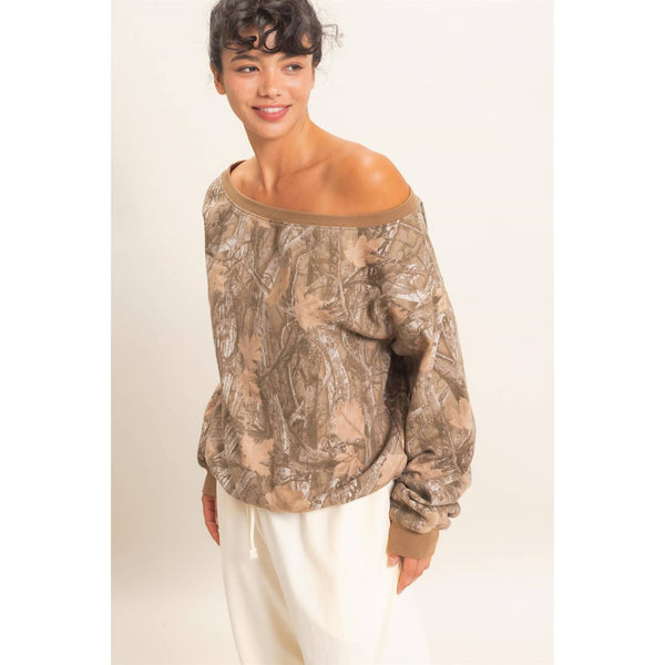 Off Shoulder Camo Sweatshirt