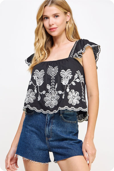 Raven Embroidered Linen Top