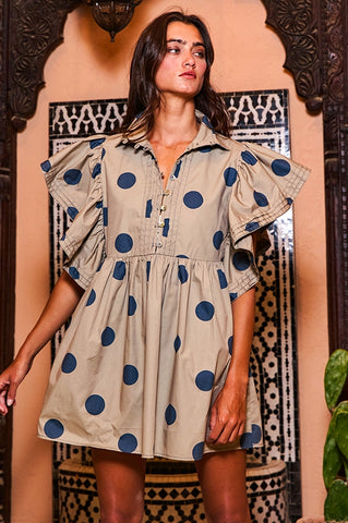 Pintuck Polka Dot Mini Dress
