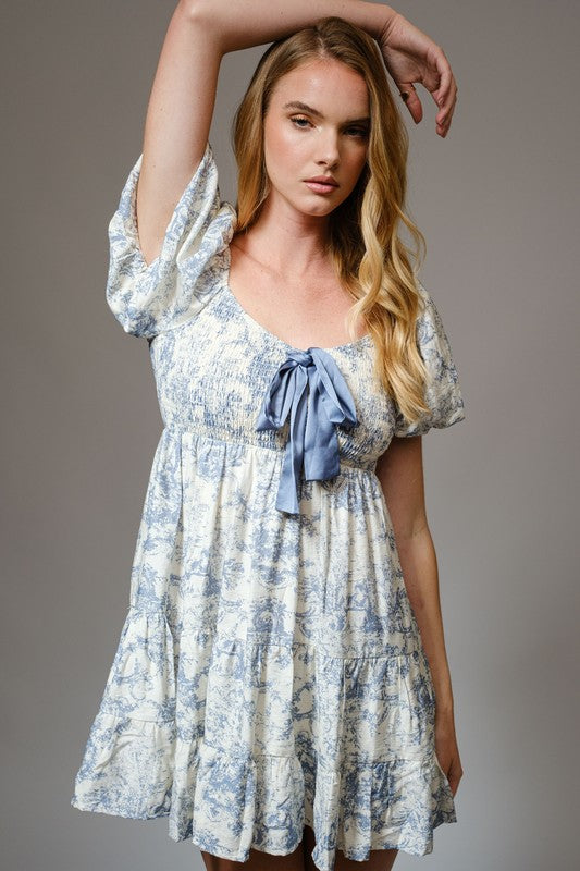 Vintage Print Smocked Mini Dress
