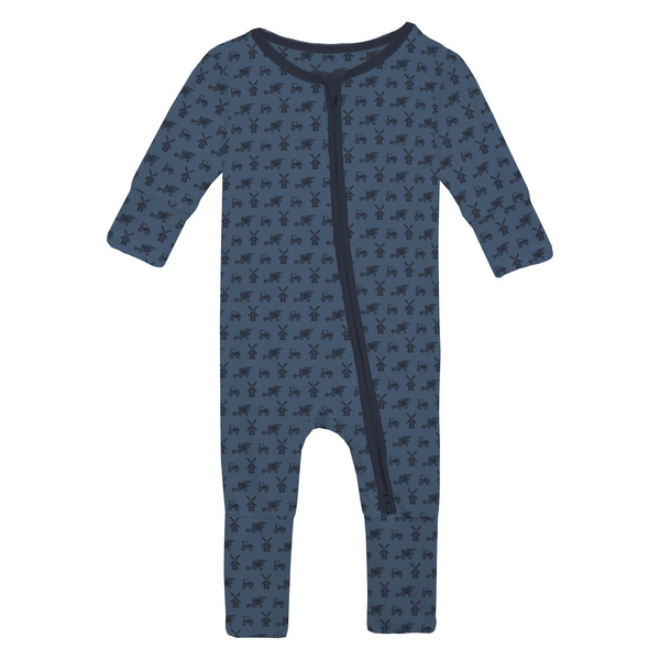 Denim Tractor & Windmills Zipper Footie