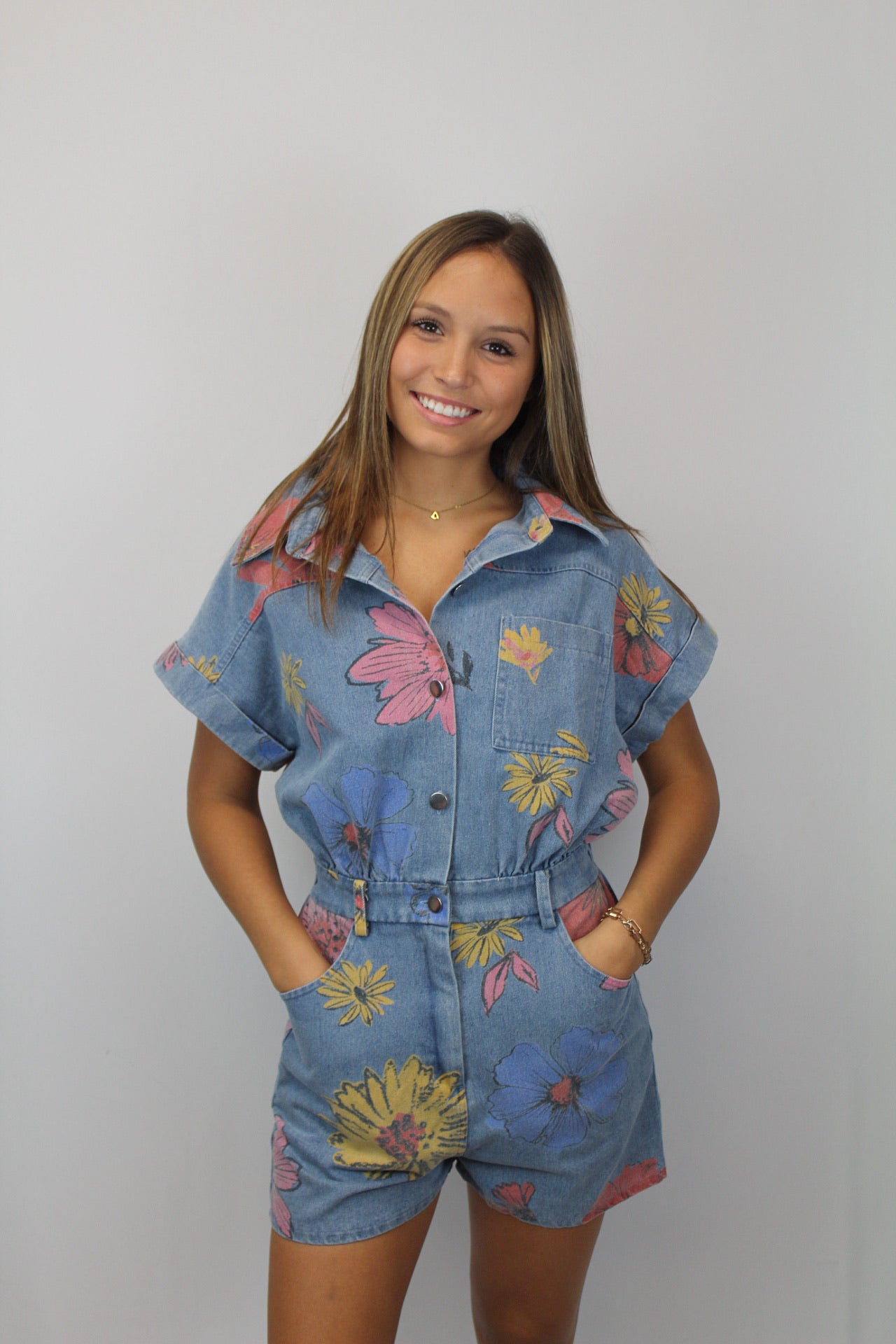 Floral Print Denim Romper