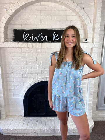Chambray Floral Shorts
