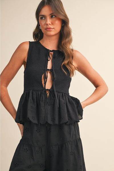 Eyelet Smocked Peplum Top