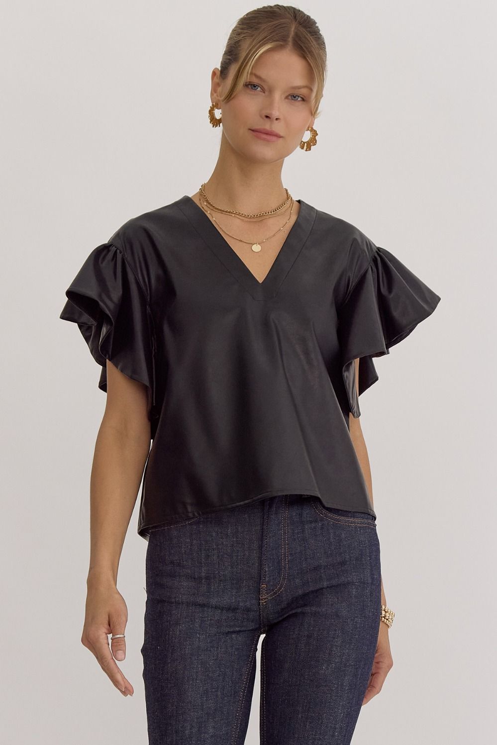 Ruffle Sleeve Faux Leather Top