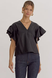 Ruffle Sleeve Faux Leather Top