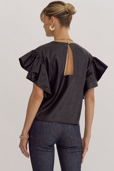 Ruffle Sleeve Faux Leather Top