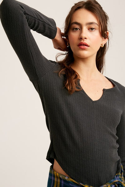Waffle Textured V Neck Top-sale