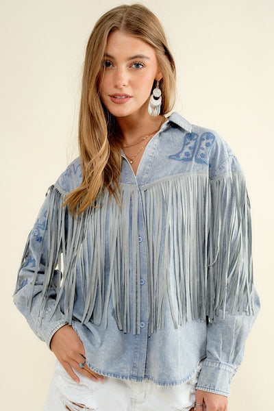 Embroidered Suede Fringe Top
