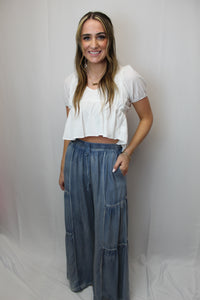 Ruffle Washed Wide Leg Pants