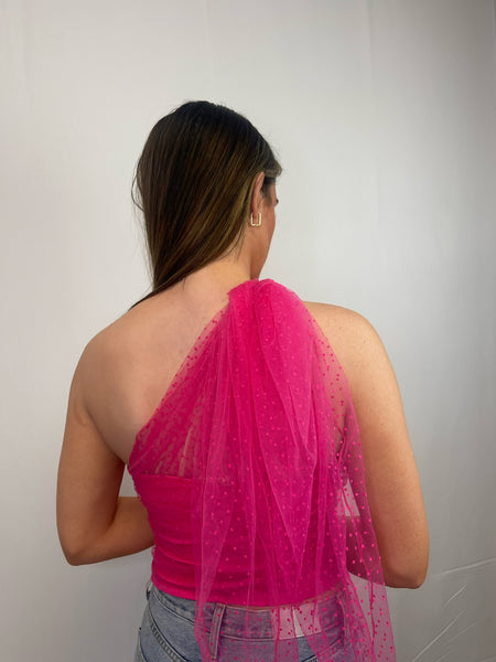 One Shoulder Tulle Blouse